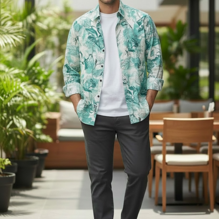 Men’s Tropical Leaf Print Casual Shirt